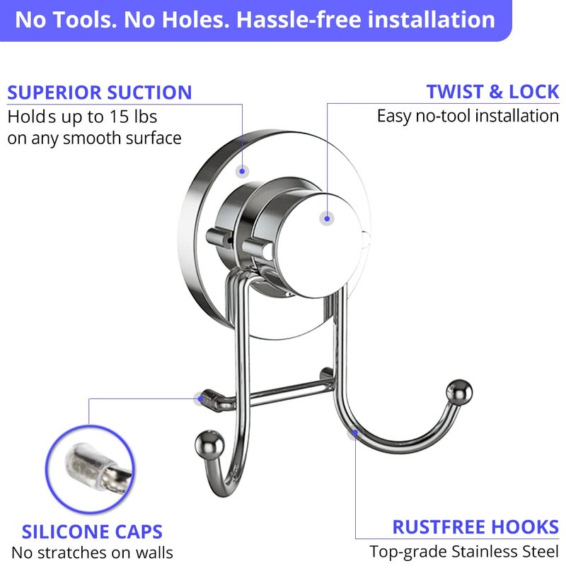 HOME SO Suction Cup Hooks for Shower, Bathroom, Kitchen, Glass Door, Mirror, Tile â€“ Loofah, Towel, Coat, Bath Robe Hook Holder for Hanging up to 15 lbs â€“ Rustproof Chrome Stainless Steel (2-Pack) - Image 4